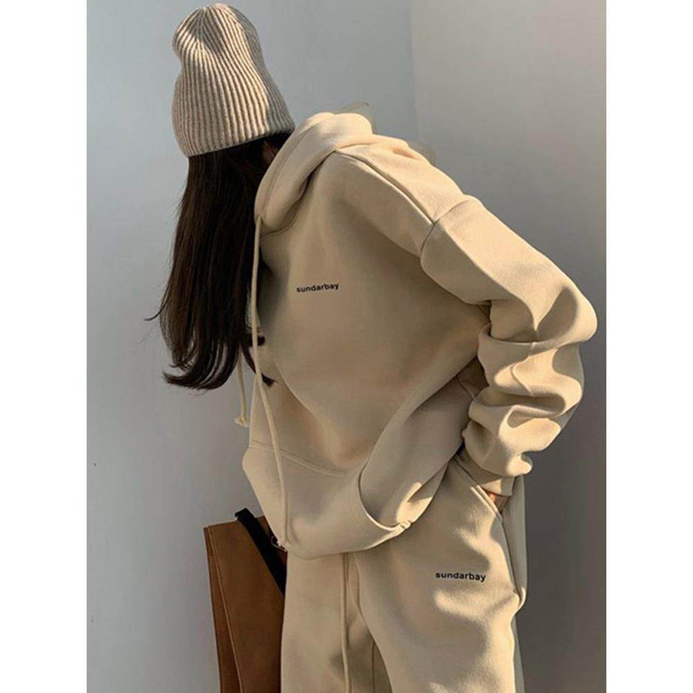 香港秋冬新款连帽运动套装女加绒加厚卫衣卫裤休闲减龄大码两件套