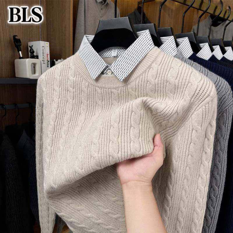 高端假两件麻花纹毛衣男款冬季2025新款保暖加厚打底衫男士针织衫