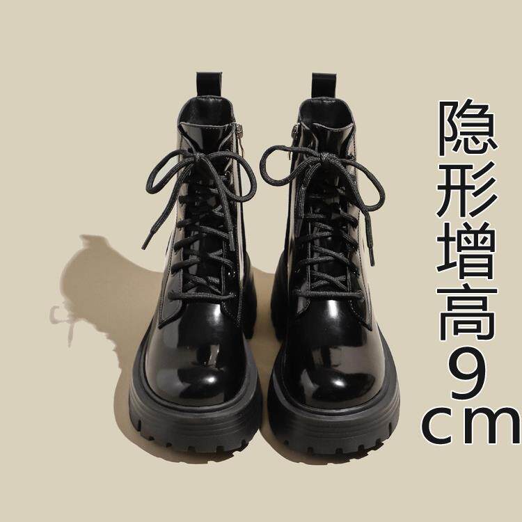 香港内增高真皮马丁靴女新款厚底机车靴单靴小个子黑色高跟短靴子