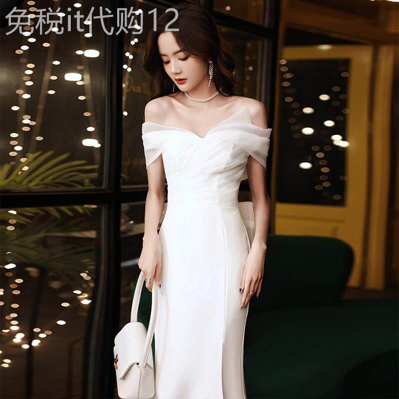 白色一字肩晚礼服女高级感宴会气质法式主持人连衣裙轻奢小众高端