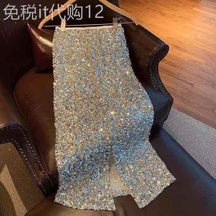 高级感银色亮片半身裙女秋季高腰遮胯显瘦包臀裙设计感开叉中长裙