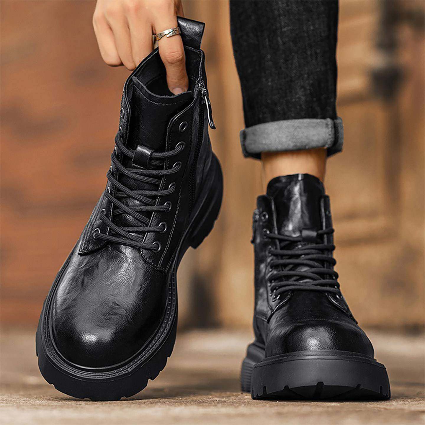 马丁靴男款2025新款黑色厚底男靴休闲工装靴男士真皮高帮机车靴子