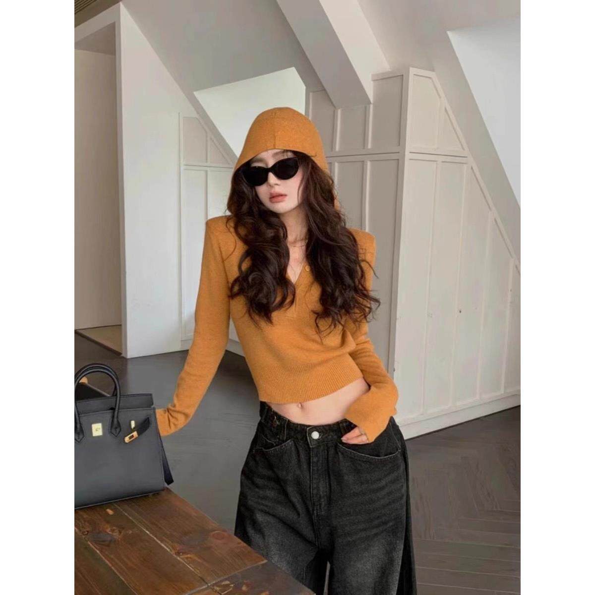 2024春秋新款连帽针织衫女短款休闲小个子松弛内搭韩系纯色帽衫