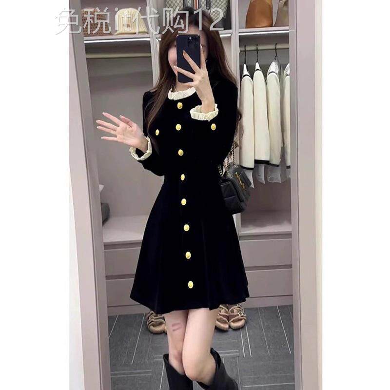 欧洲站法国天鹅绒连衣裙秋季服装小女人生日聚会黑色赫本风格的高