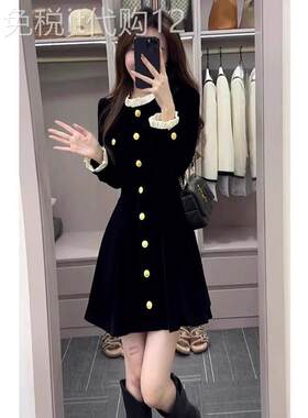 欧洲站法国天鹅绒连衣裙秋季服装小女人生日聚会黑色赫本风格的高