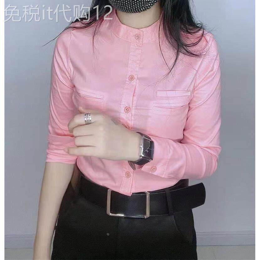糖果色棉质修身立领长袖衬衫女春秋新款欧货单排扣通勤职业衬衣潮
