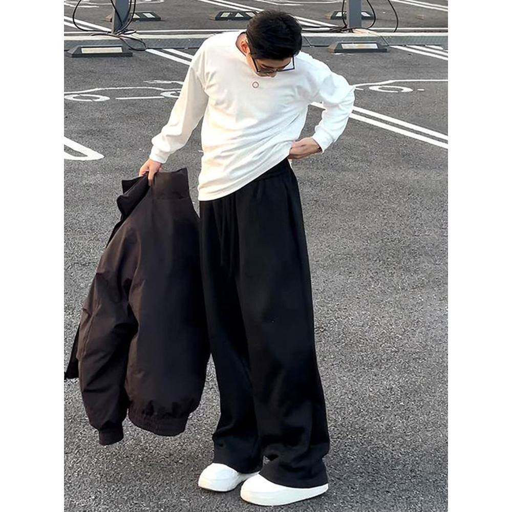 高端美式黑色弯刀卫裤男款春秋阔腿直筒裤垂感高级感休闲运动裤潮