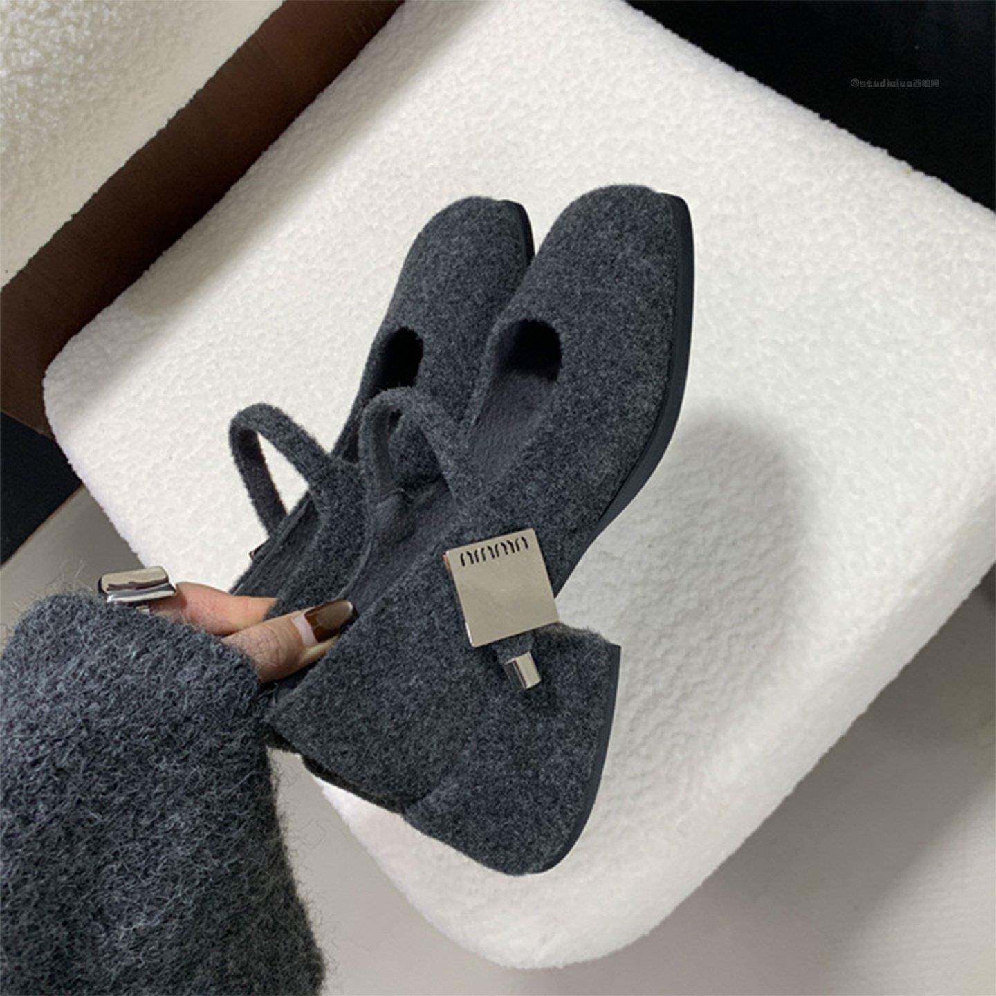 香港方头呢子粗跟单鞋女2025秋冬新款法式奶奶鞋高跟玛丽珍毛毛鞋