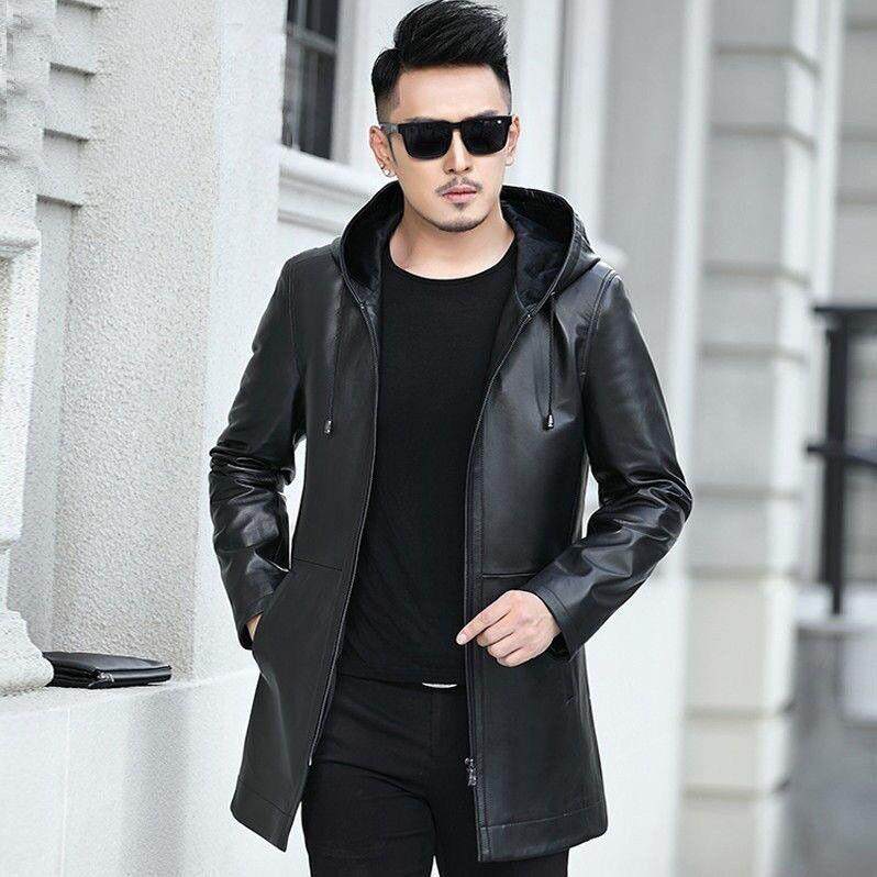 春秋皮外套男真皮皮风衣中长款连帽皮衣绵羊皮夹克修身大码男装潮