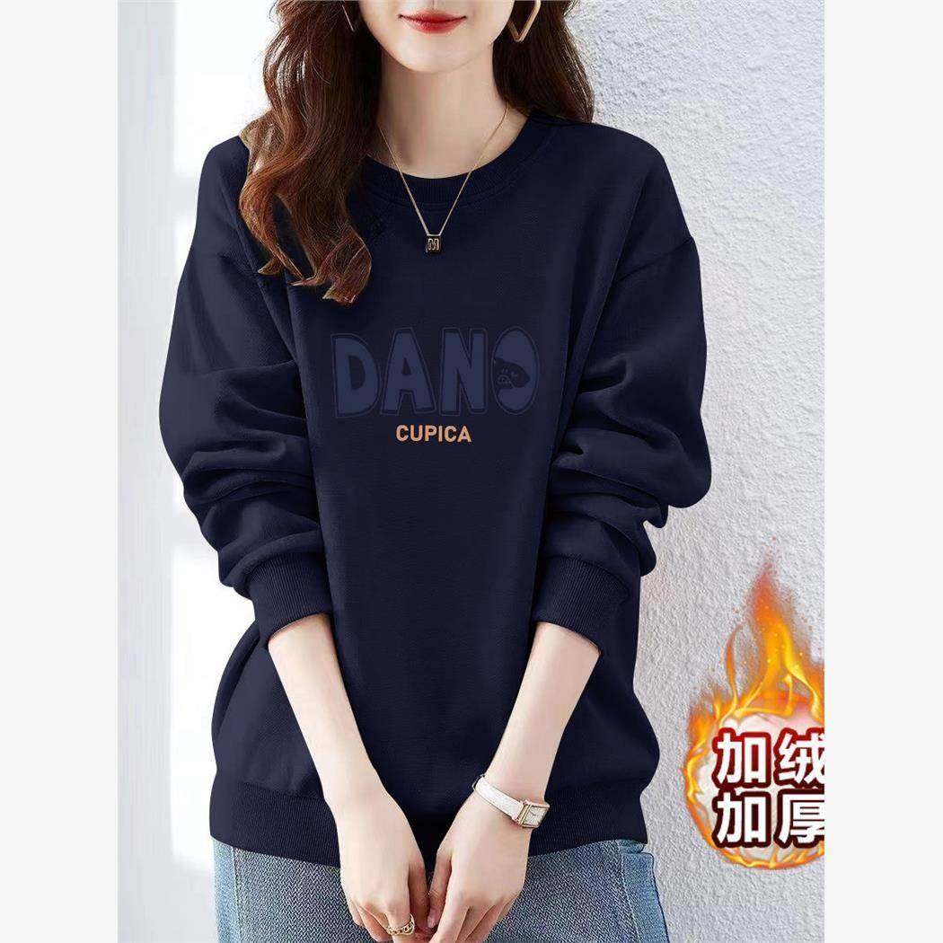 藏青色圆领字母印花长袖上衣女秋冬季韩版加绒加厚保暖无帽卫衣