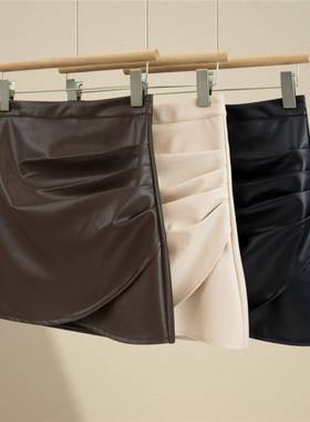 专柜大码真皮皮裙半身裙2025秋冬覆古褶皱包臀高腰真皮a字短裙女