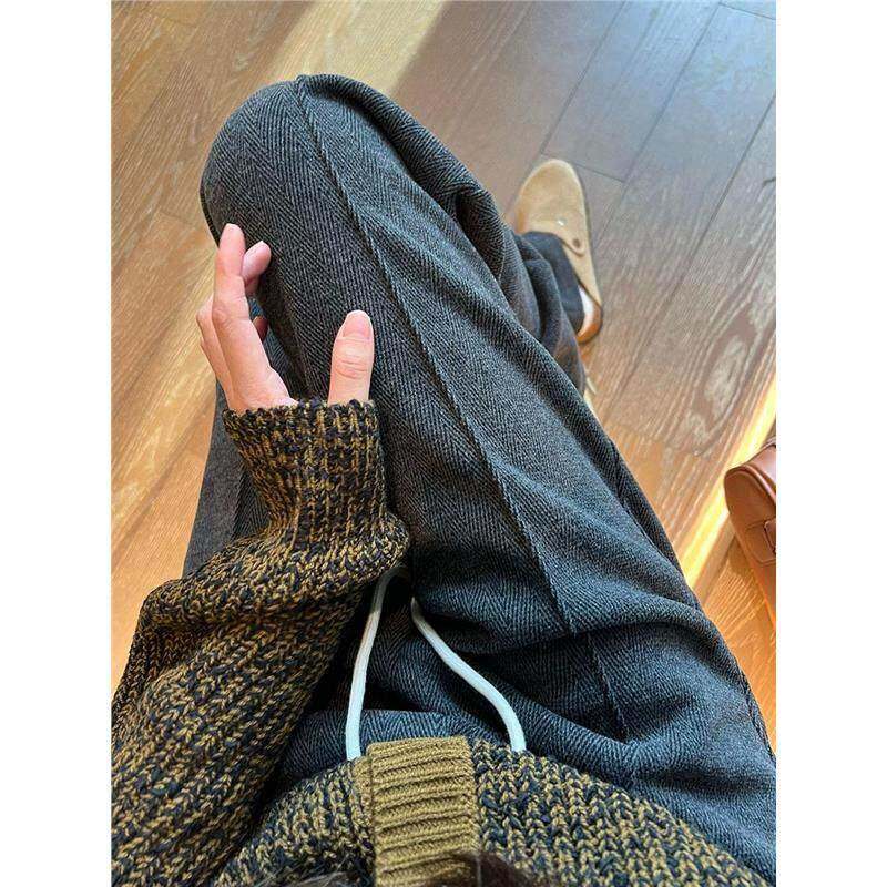 WFYO/灰色羊毛呢直筒裤女秋冬新款阔腿裤休闲人字纹加绒加厚西裤