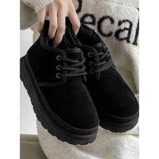 【老派棉鞋】黑色翻毛皮短靴加绒保暖系带厚底马丁靴男士冬季棉鞋