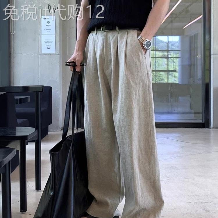 it neith BIAS潮牌老钱风亚麻休闲 裤男松弛感日系棉麻弯刀直筒裤