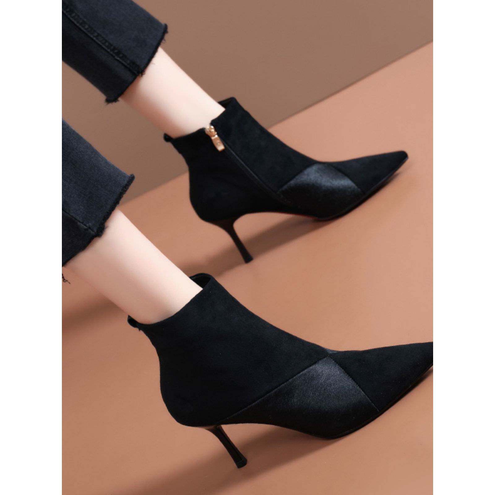 店主自留新款~尖头细跟短靴女2025冬季高跟鞋黑色真皮加绒瘦瘦靴