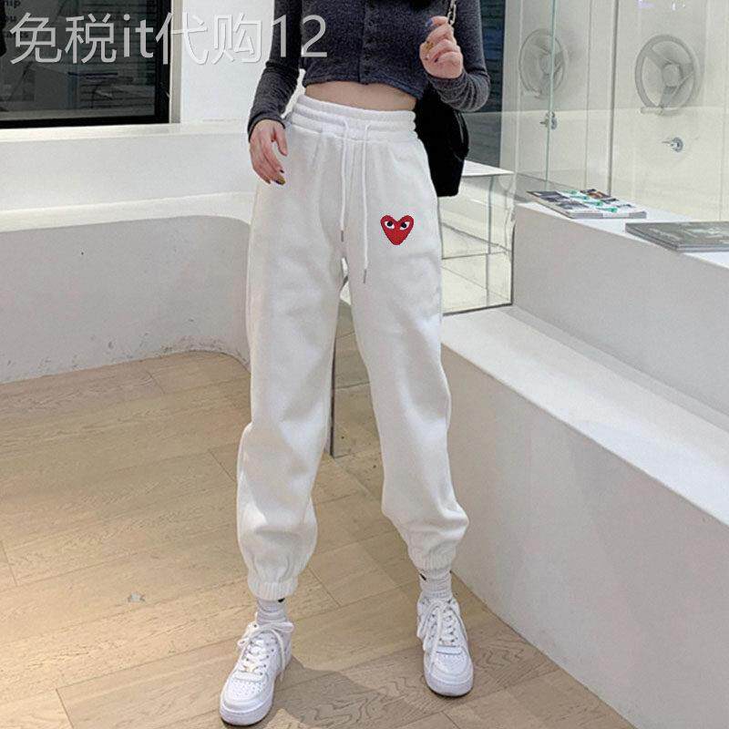 白色运动裤女春秋欧货潮牌爆款小个子束脚裤休闲红色爱心加绒卫裤