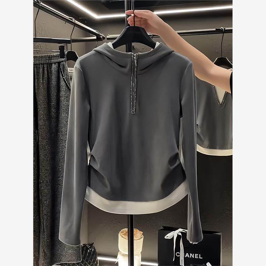 半拉链拼接撞色假两件连帽卫衣女士春秋季韩版收腰百搭短款上衣