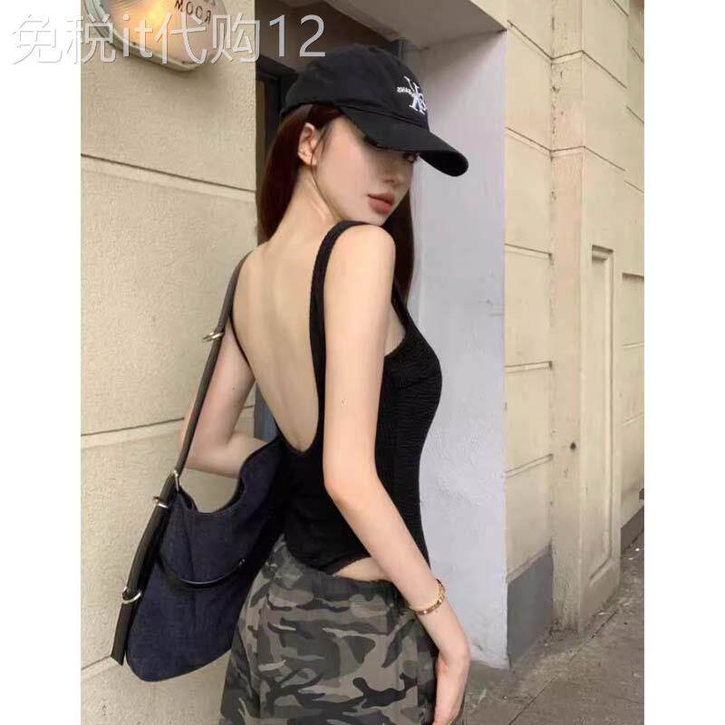 美式甜辣妹小吊带背心女春秋季内搭黑色露背打底美背外穿连身上衣
