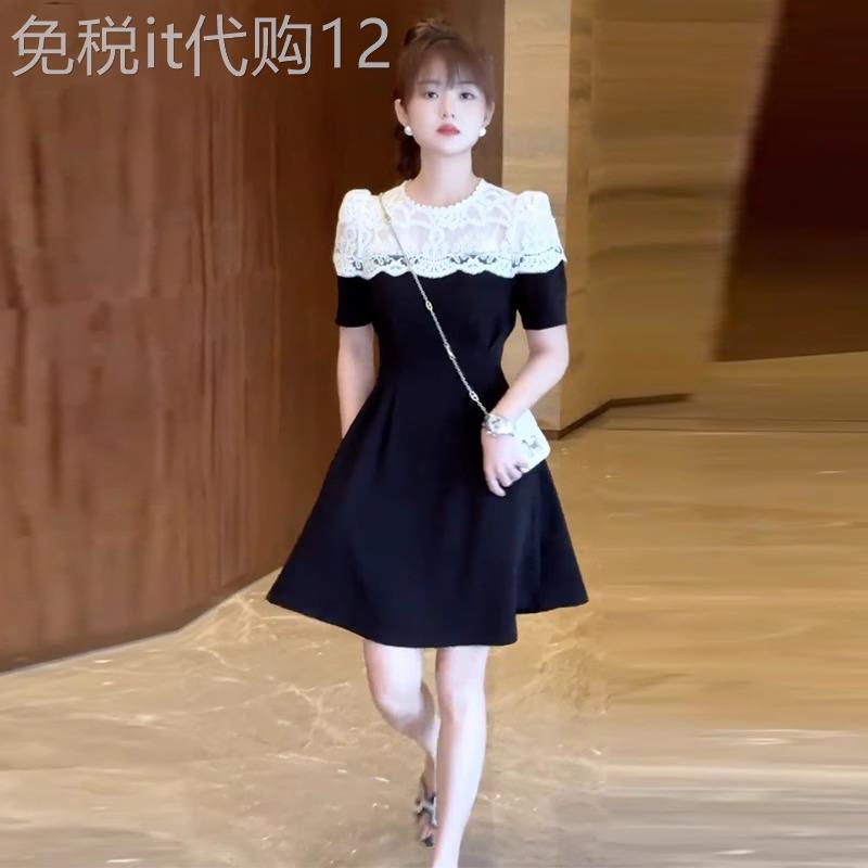 香港代购夏季新款高级感法式蕾丝拼接小黑裙遮肚显瘦A字连衣裙女