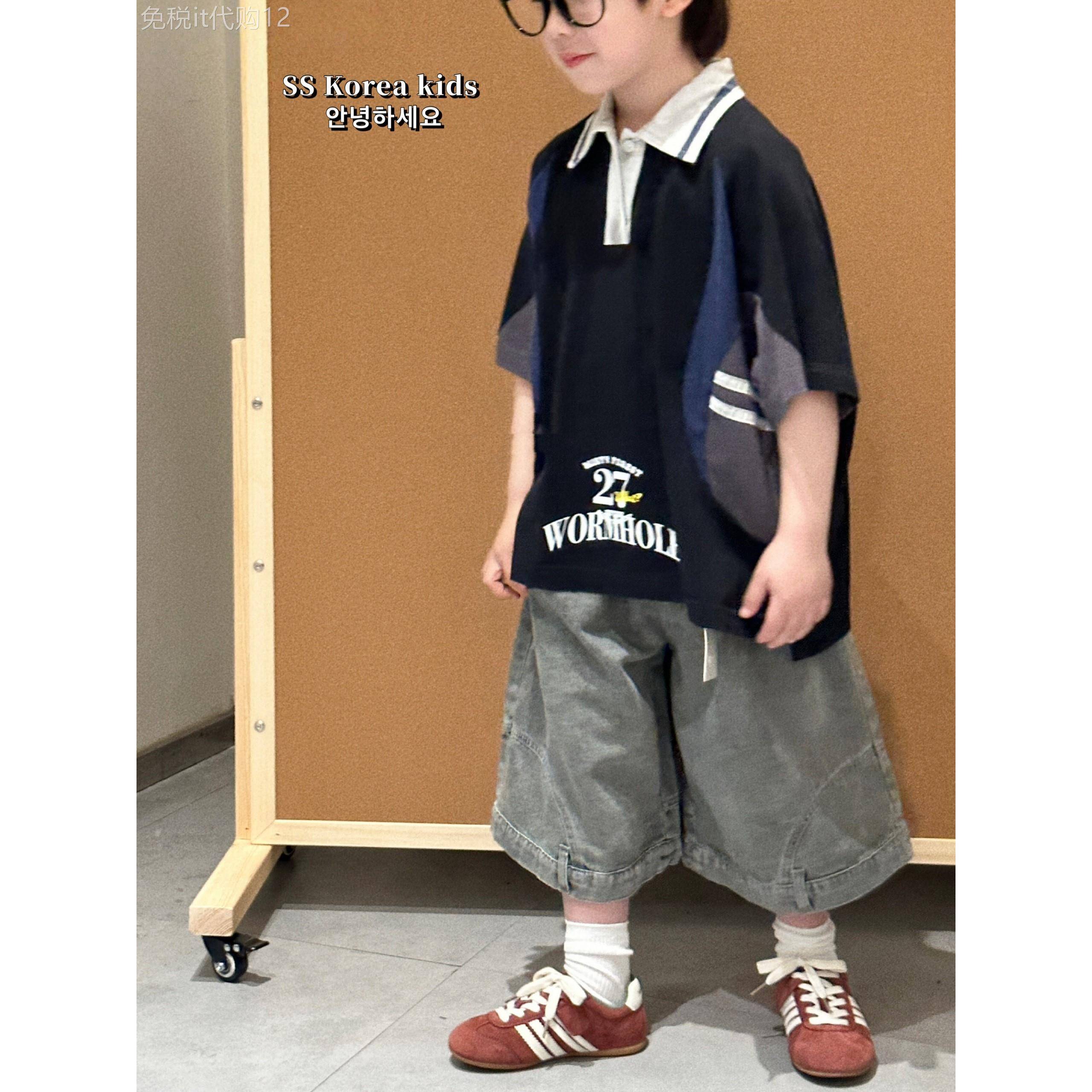 韩国代购帅气童装男童短袖T恤2025新款儿童夏装上衣时髦polos衫潮