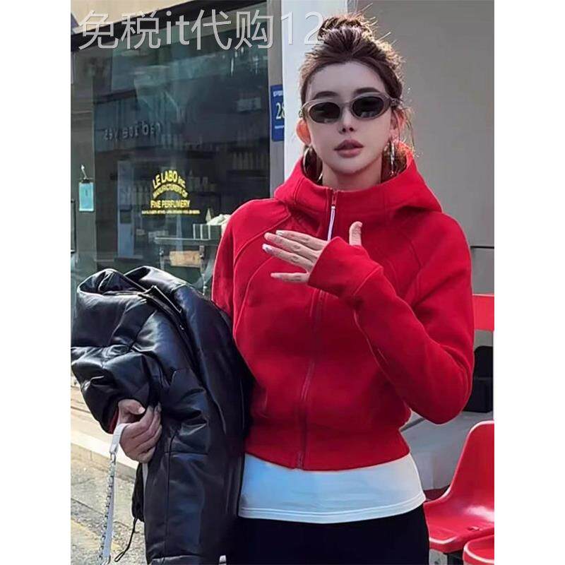 红色加绒加厚长袖连帽收腰短款卫衣外套女秋冬欧货时尚开衫上衣