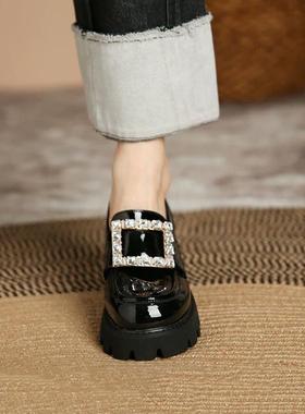 香港莱茵石方扣小皮鞋女式真皮鞋2025春秋季新款增高英伦风格乐福