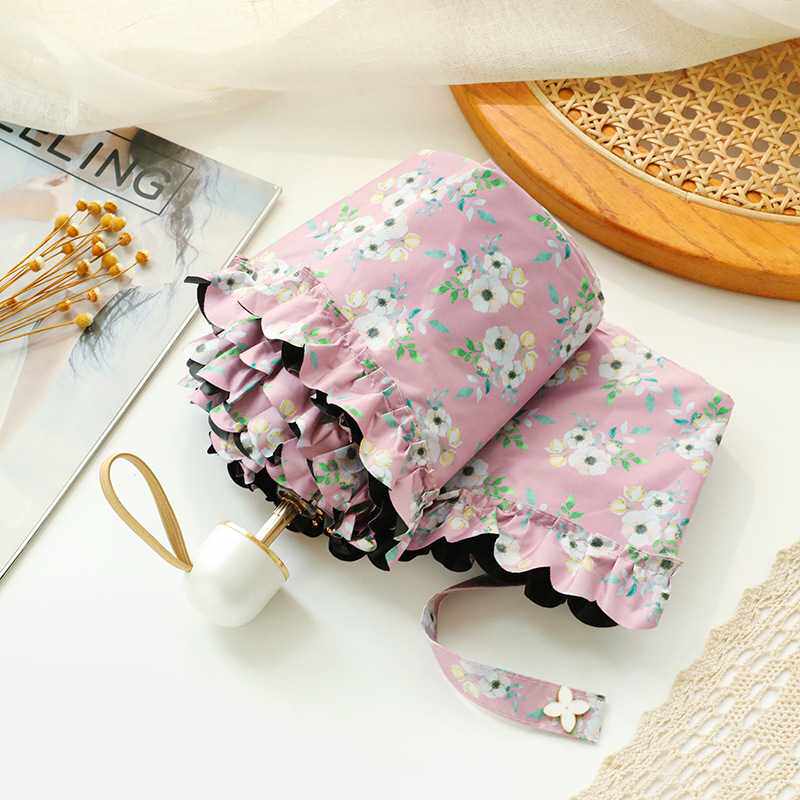 新款直销碎花公主五折伞 黑胶防紫外线遮阳伞便携小清新口袋伞迷