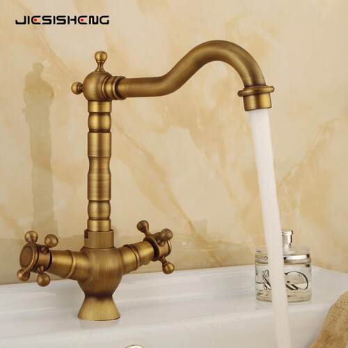 新款直销跨境黄铜仿古双把手轮面盆龙头家用厨房水槽洗菜盆冷热水