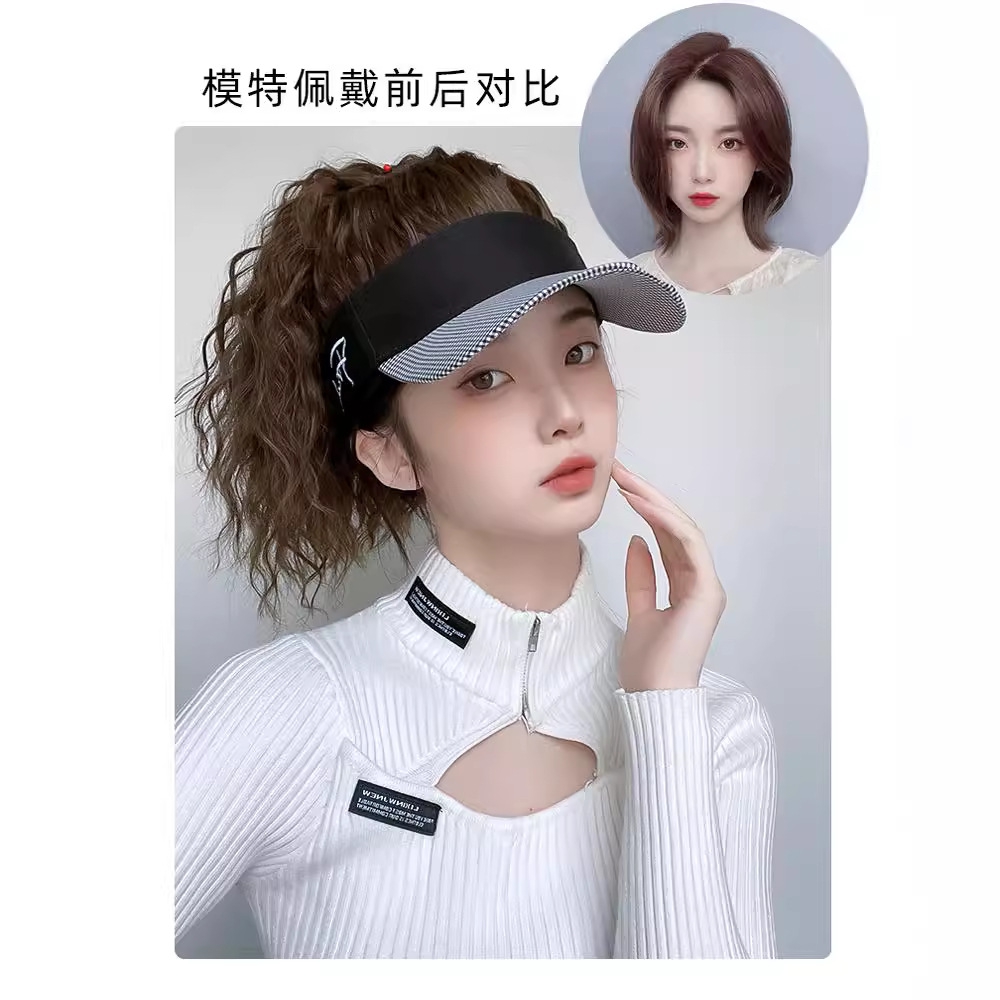 新款直销假发女千鸟格空顶帽子假发一体马尾长发时尚夏季仿真发假