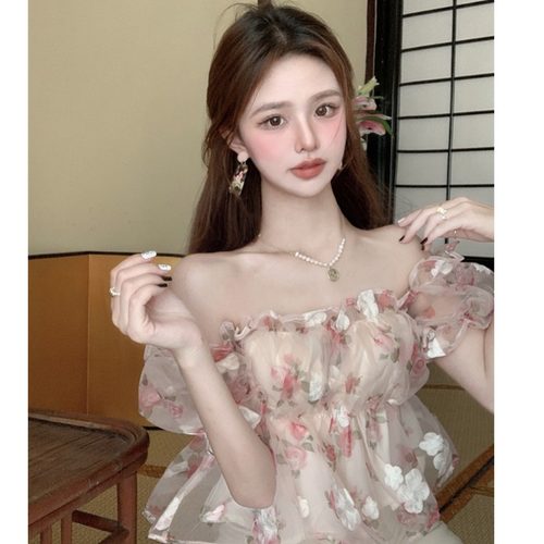 直播衣服女主播服装纯欲风甜美碎花雪纺衬衫一字肩泡泡袖上衣夏季