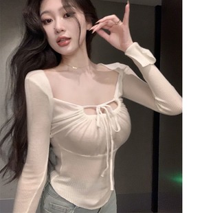 显胸大绑带方领针织打底衫 直播衣服女主播甜美可爱性感秋冬季 上衣