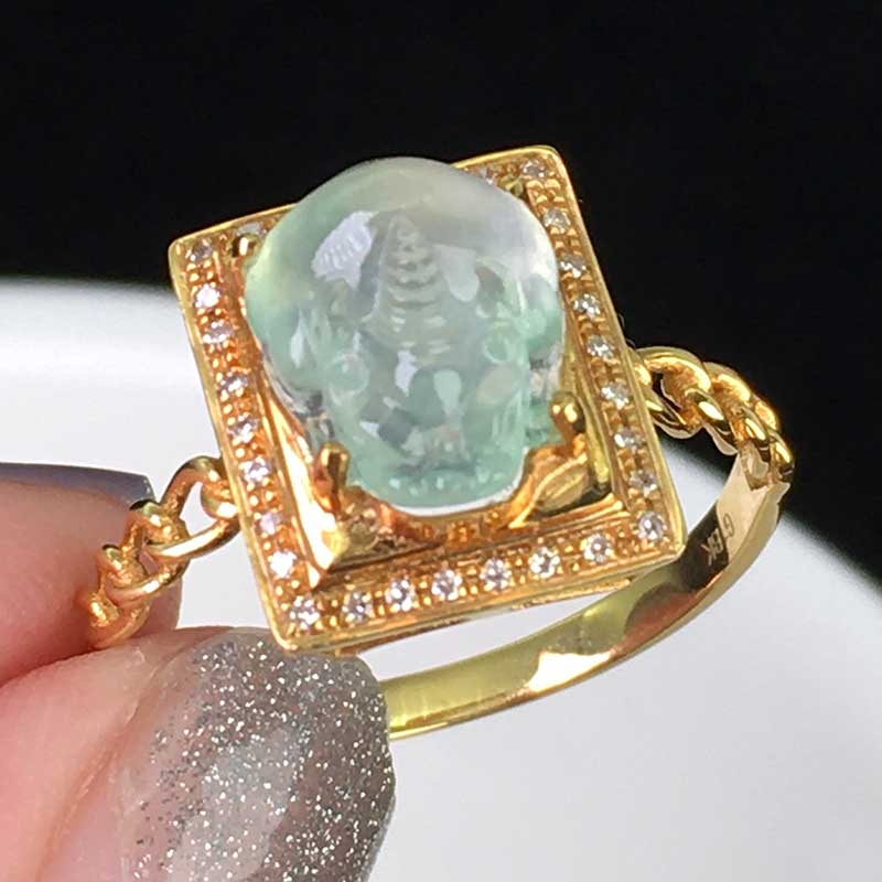 七小匠缅甸老坑天然a货翡翠冰种白底招财金蟾18k金镶嵌翡翠戒指