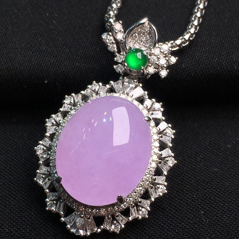 七小匠天然缅甸老坑a货翡翠冰种粉紫鸽子蛋18k金镶嵌翡翠吊坠女士