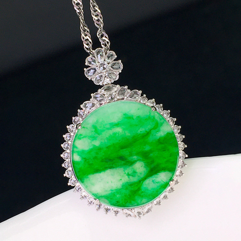 七小匠缅甸老坑天然a货翡翠飘绿平安圆牌18k金镶嵌翡翠吊坠女