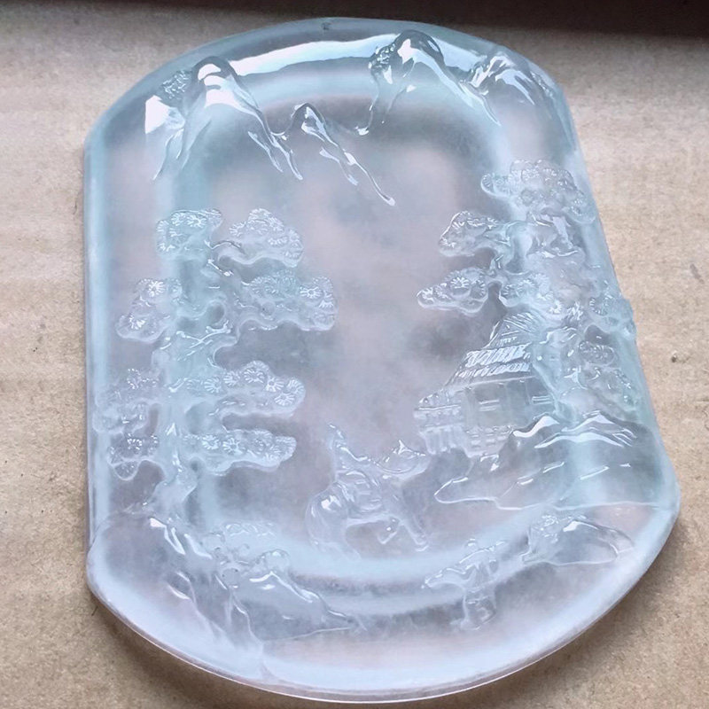 七小匠天然缅甸老坑a货翡翠玉石雕刻高冰荧光山水牌子翡翠吊坠