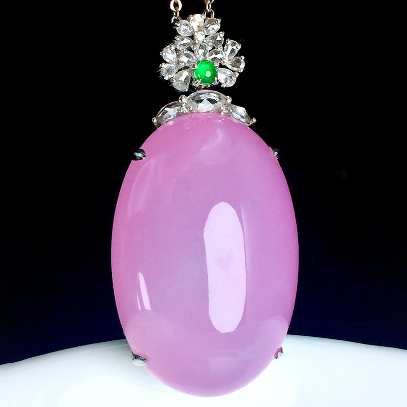 七小匠天然缅甸老坑a货翡翠粉紫鸽子蛋18k金镶嵌翡翠吊坠女士