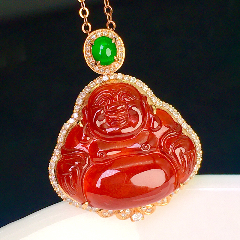 七小匠缅甸老坑天然a货翡翠红翡弥勒佛公18k金镶嵌翡翠吊坠女