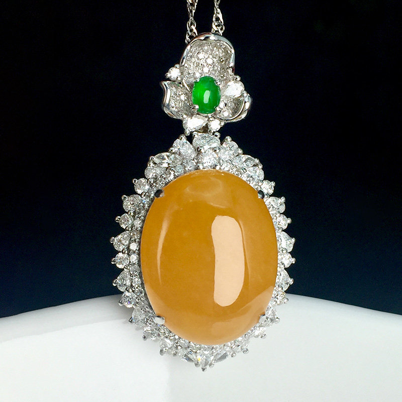 七小匠缅甸老坑天然a货翡翠冰种黄翡鸽子蛋18k金镶嵌翡翠吊坠女士