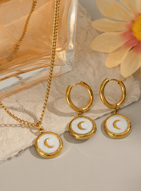 复古港风月亮耳饰项链套装