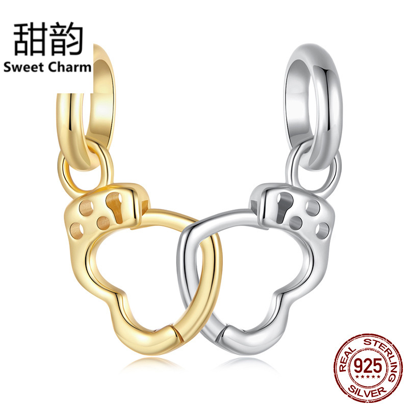 欧美银饰撞色爱心手铐吊坠s925纯银diy手链串珠饰品配件散珠串饰