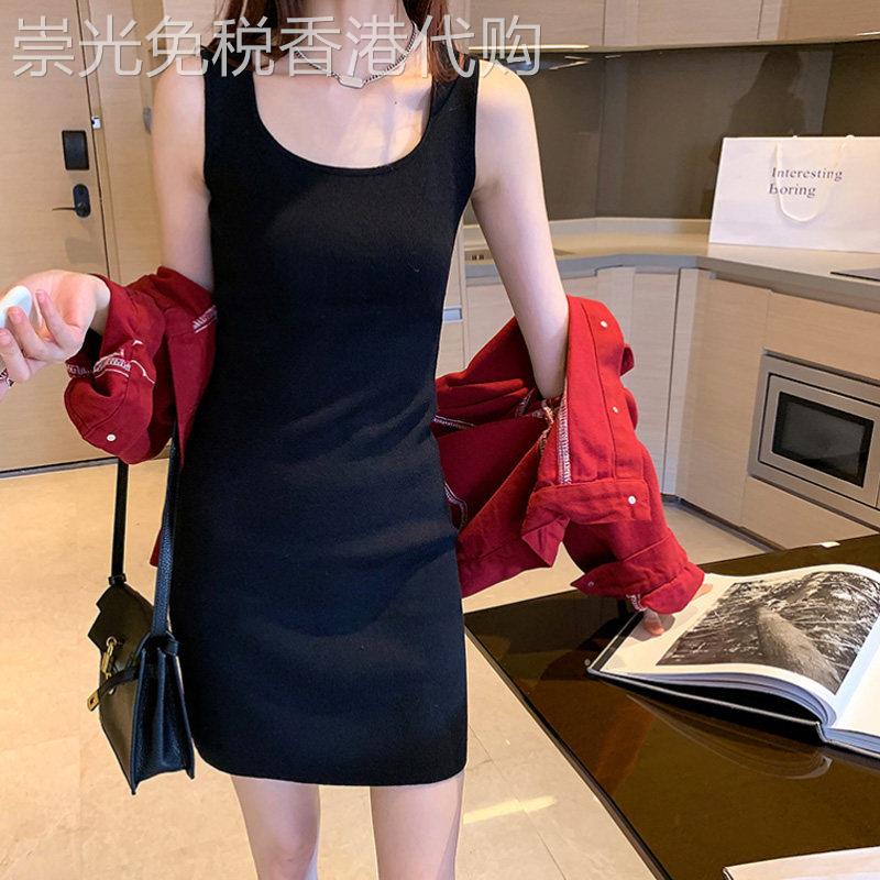针织连衣裙女春秋欧货性感无袖背心裙西装内搭宽肩带中长款打底裙