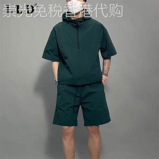休闲运动套装男夏季薄款潮牌痞帅宽松工装连帽短袖卫衣短裤两件套