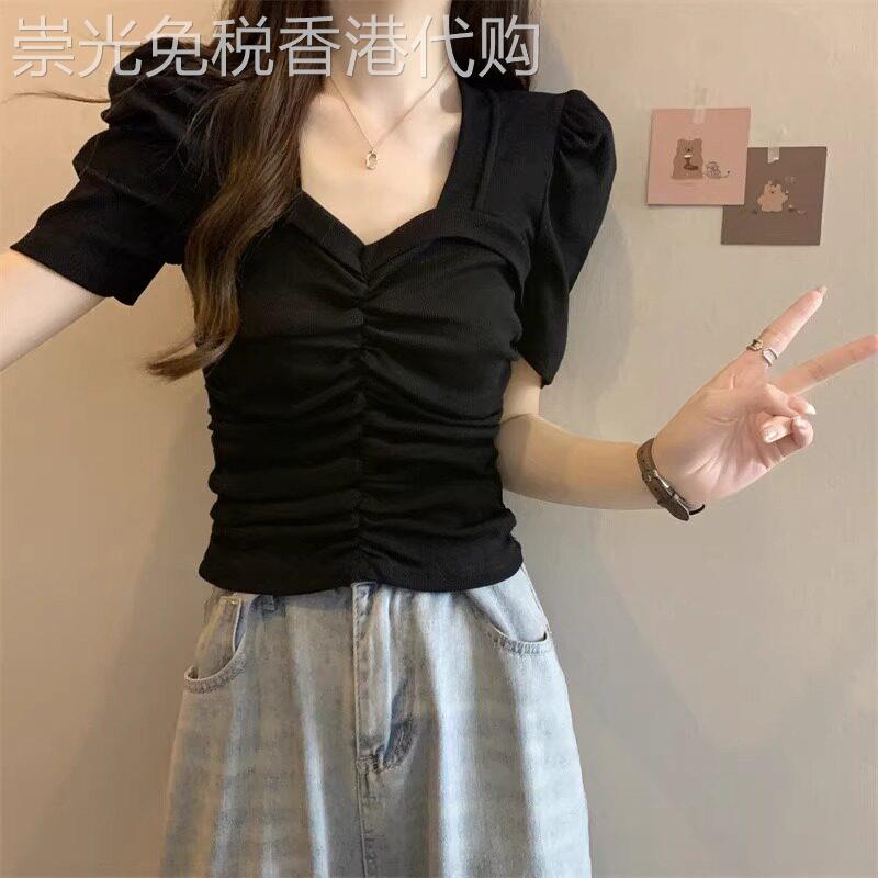 V领褶皱短袖T恤女夏季2026新款修身泡泡袖小衫短款设计感时尚上衣