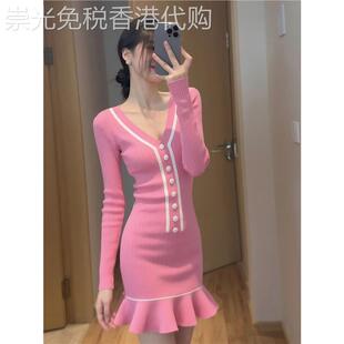 高级感大方得体绝美巨好看粉色包臀针织连衣裙秋季流行气质女神范