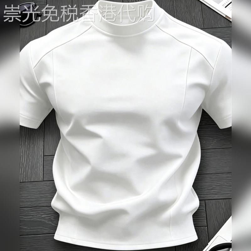 潮牌高端白色正肩小领口短袖t恤男夏美式重磅宽肩痞帅高级感半袖