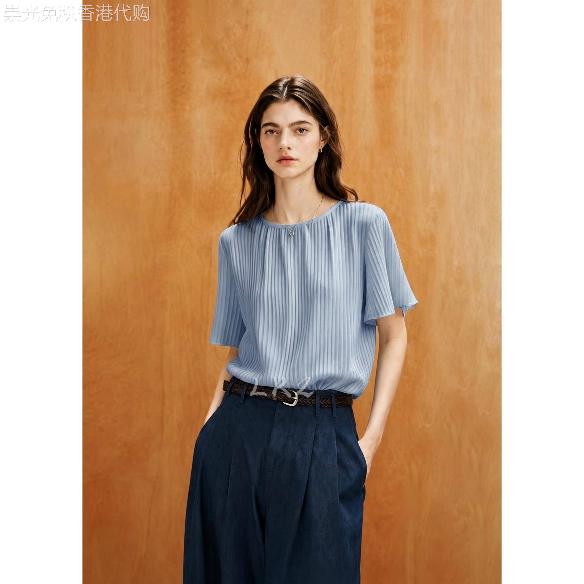 高级感圆领竖条纹压褶微喇飞袖蓝色衬衫女夏季新款休闲宽松短袖上