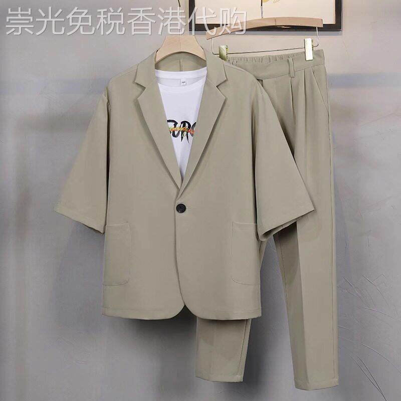 西服套装男士夏季痞帅七分短袖修身长裤轻熟风小西装外套搭配一套