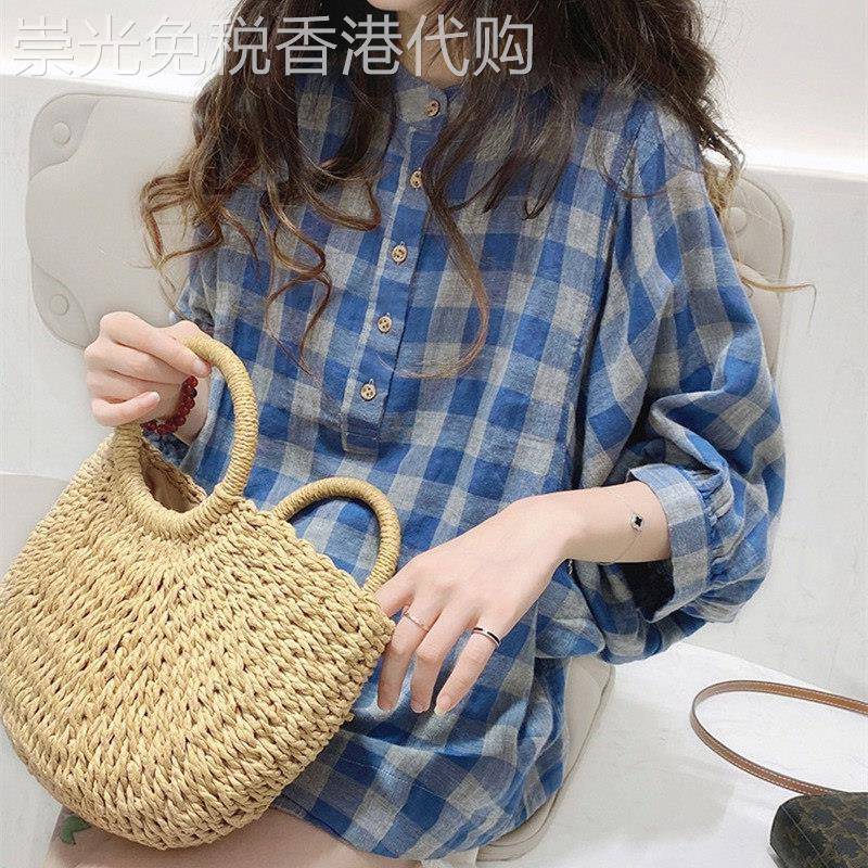 文艺双层棉纱七分袖格子衬衫女秋夏新款宽松棉麻立领半袖通勤上衣