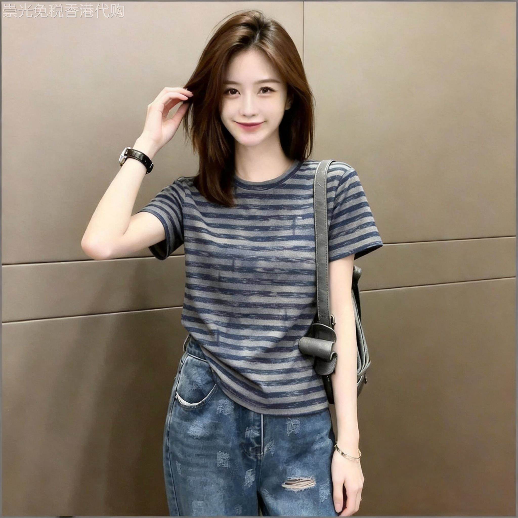 条纹短袖T恤女夏季2026新款棉t显瘦气质舒适薄款百搭正肩上衣女