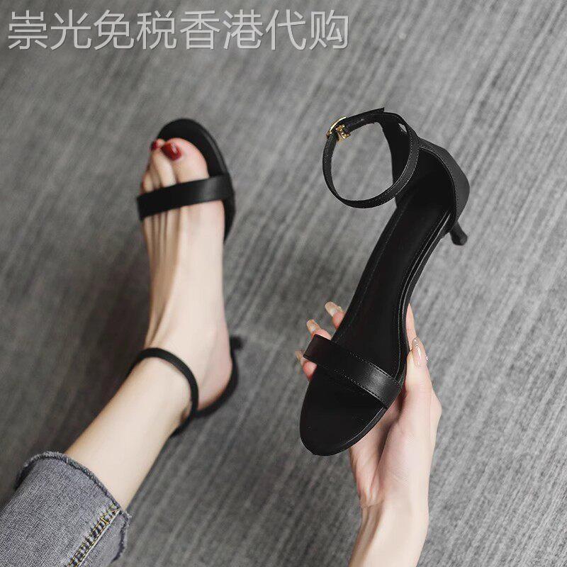 真皮圆头细跟凉鞋女2026夏季新款低跟小跟法式气质一字扣带高跟鞋